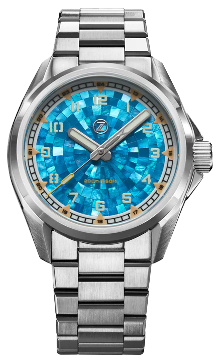Zelos Swordfish Field 38mm Mosaic MOP - SeriousWatches.com Zelos Swordfish Field 38mm Mosaic MOP - SeriousWatches.com