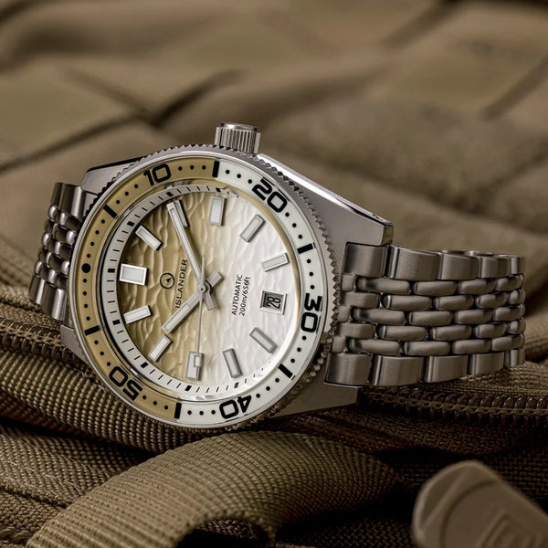 Islander Watch Northport Hi-Beat Automatic Kahki to White Ripple Dial #ISL-361
