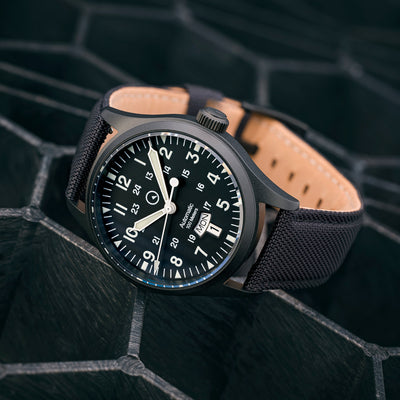 Islander Watch Mitchel "DAY-T" Automatic DLC Field Watch Black Dial #ISL-187