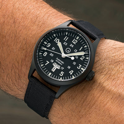 Islander Watch Mitchel "DAY-T" Automatic DLC Field Watch Black Dial #ISL-187