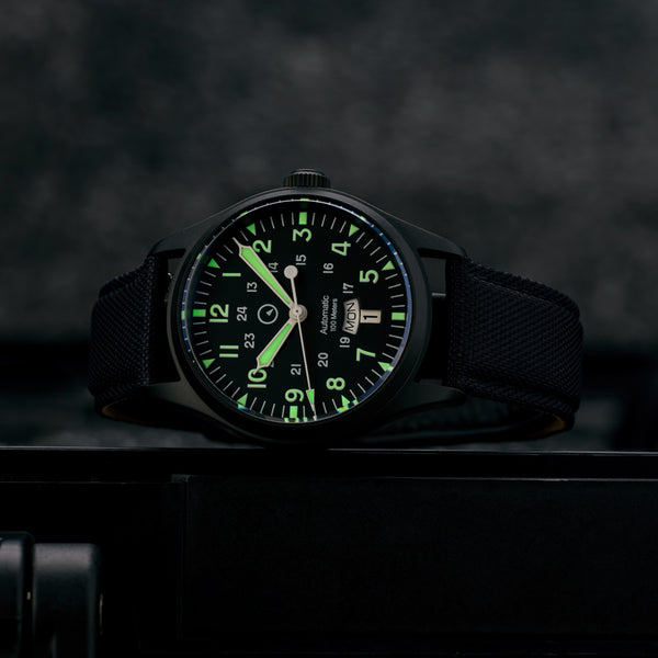 Islander Watch Mitchel "DAY-T" Automatic DLC Field Watch Black Dial #ISL-187