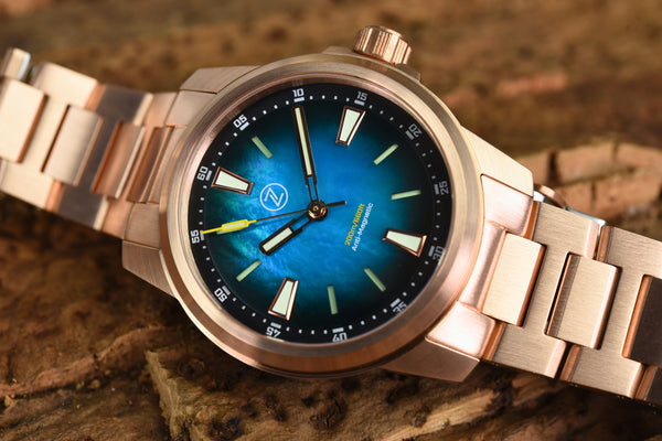 Zelos Aurora Field 38mm Bronze Teal MOP (Pre-owned)